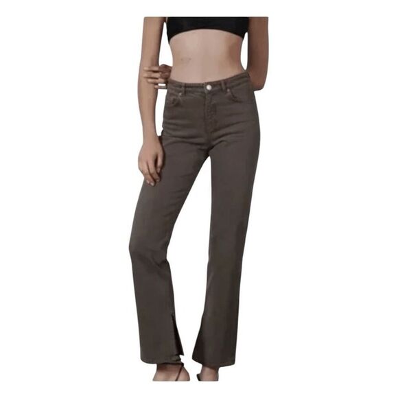 Zara 90s Slim Split Hem Hi-Rise Jeans Chocolate Brown Denim Classic 5-Pocket 2 - Picture 1 of 8